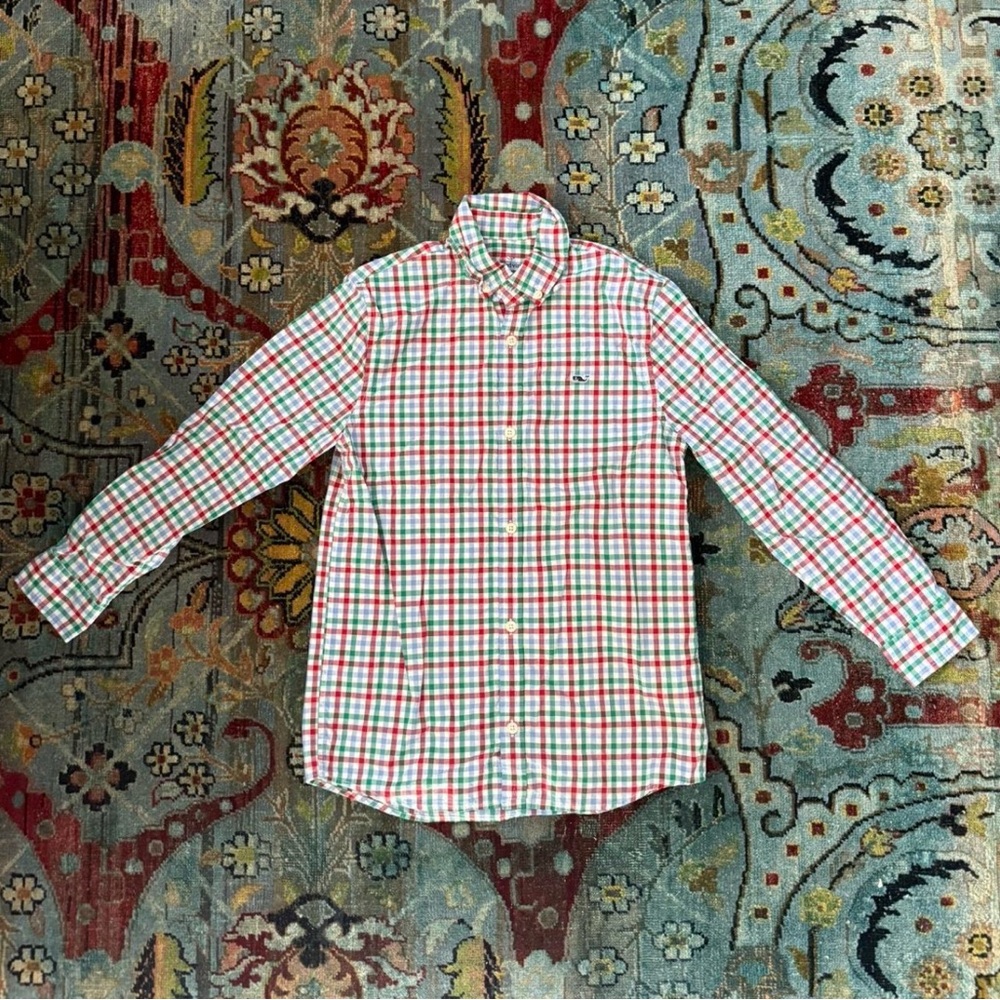 Vineyard Vines Red and Green Plaid Boy's Button Down Shirt